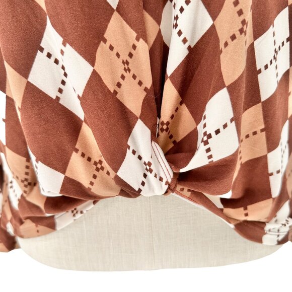 Inner Circle Blouse Womens XL Brown Argyle Print Soft Stretchy Long Sleeves - Picture 7 of 12
